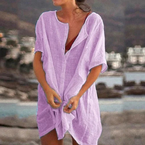 Women's Cotton and Linen Plain Loose Long Shirt mysite