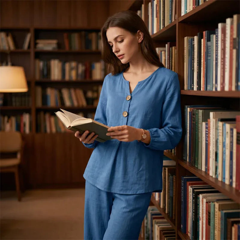 🌿Women's Cotton-Linen V-Neck Long Sleeve Top & Pants Set mysite