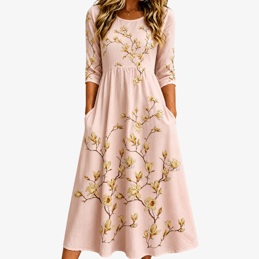 Golden Magnolia Bloom Pocket Midi Dress mysite