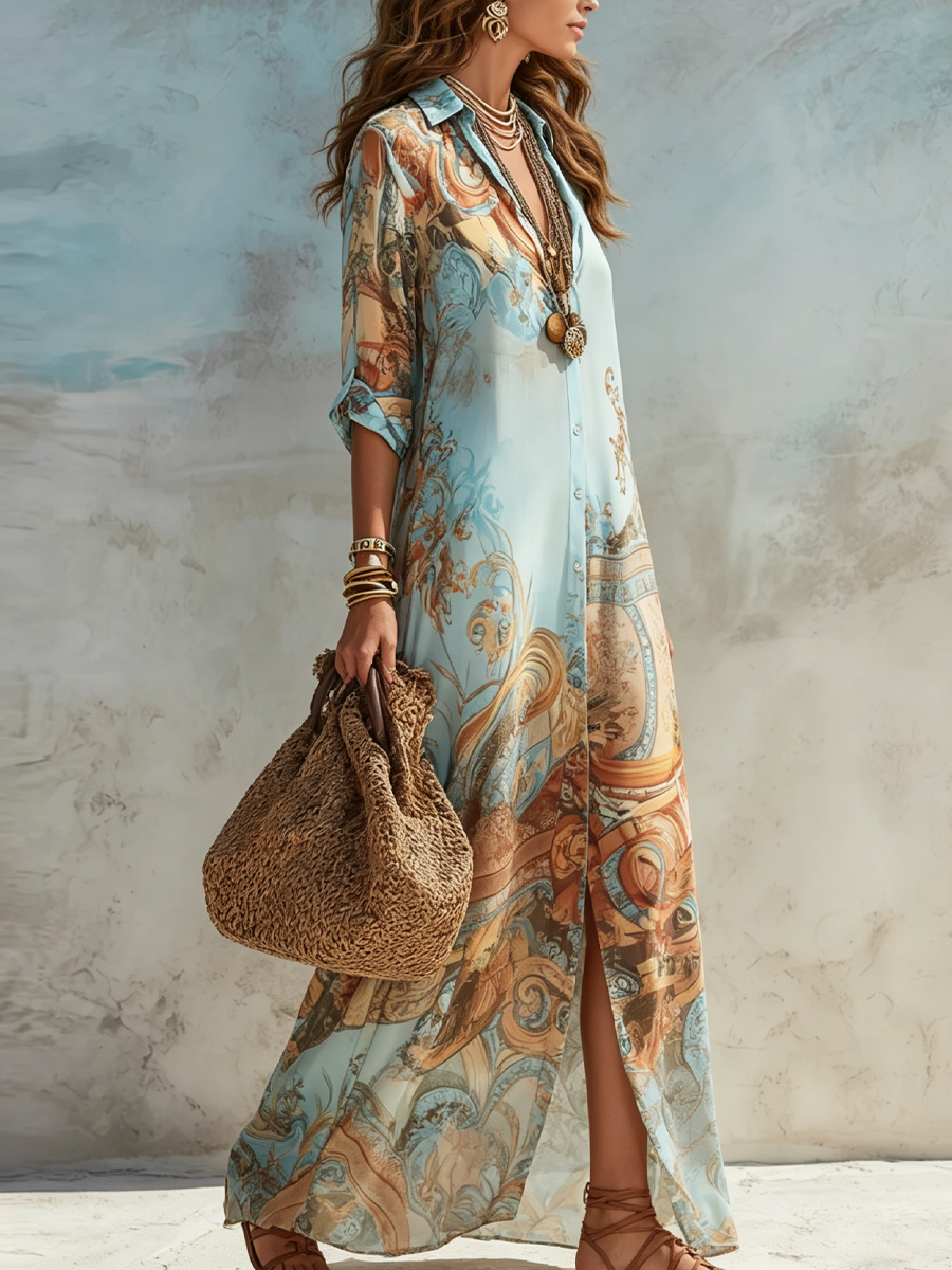 Baroque Style Floral Blue Chiffon Maxi Dress mysite