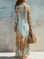 Baroque Style Floral Blue Chiffon Maxi Dress mysite