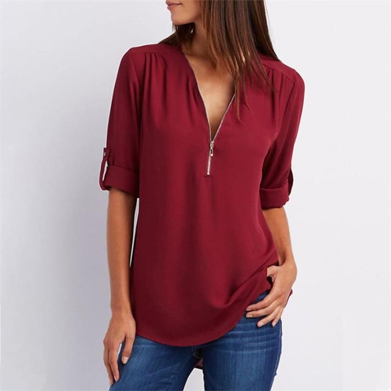 Women's casual zippered V-neck shirt mysite