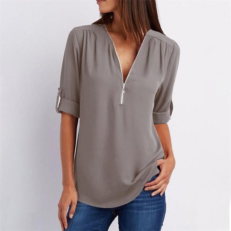 Women's casual zippered V-neck shirt mysite