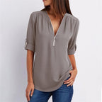 Women's casual zippered V-neck shirt mysite