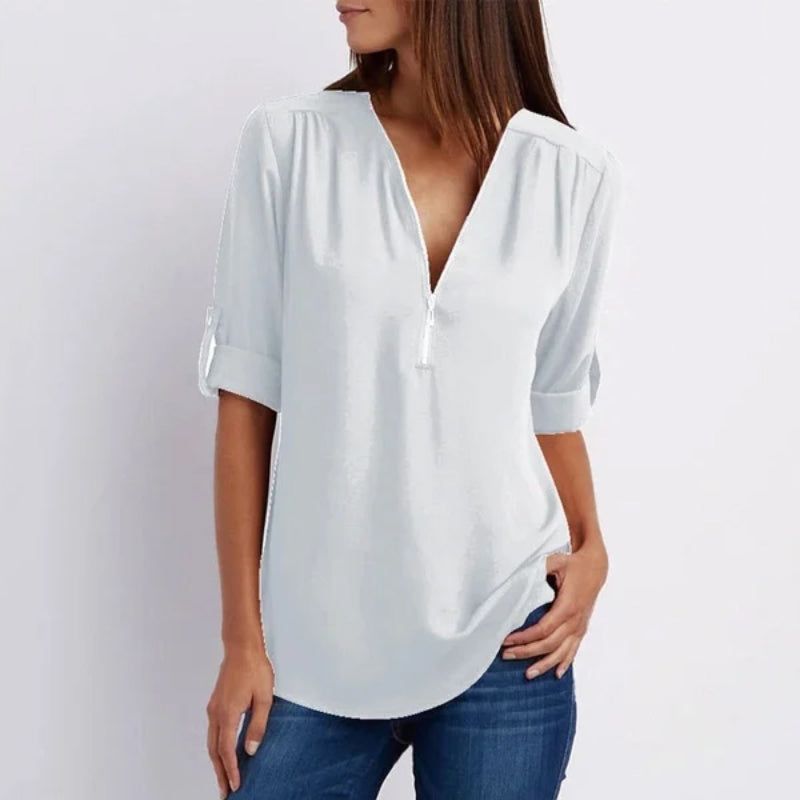 Women's casual zippered V-neck shirt mysite