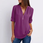 Women's casual zippered V-neck shirt mysite