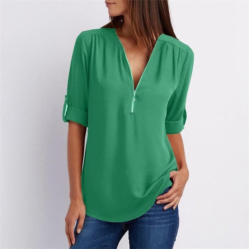 Women's casual zippered V-neck shirt mysite