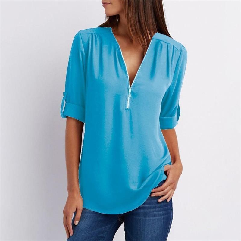 Women's V-neck Zipper Plus Size Long-sleeved Chiffon Shirt mysite