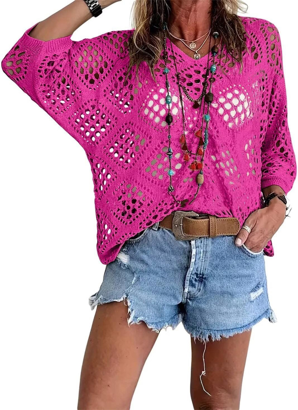 🥰Summer Sale💛Womens Bohemian-Inspired Beige Crochet Top With V-Neck mysite