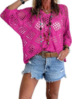 🥰Summer Sale💛Womens Bohemian-Inspired Beige Crochet Top With V-Neck mysite