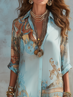 Baroque Style Floral Blue Chiffon Maxi Dress mysite