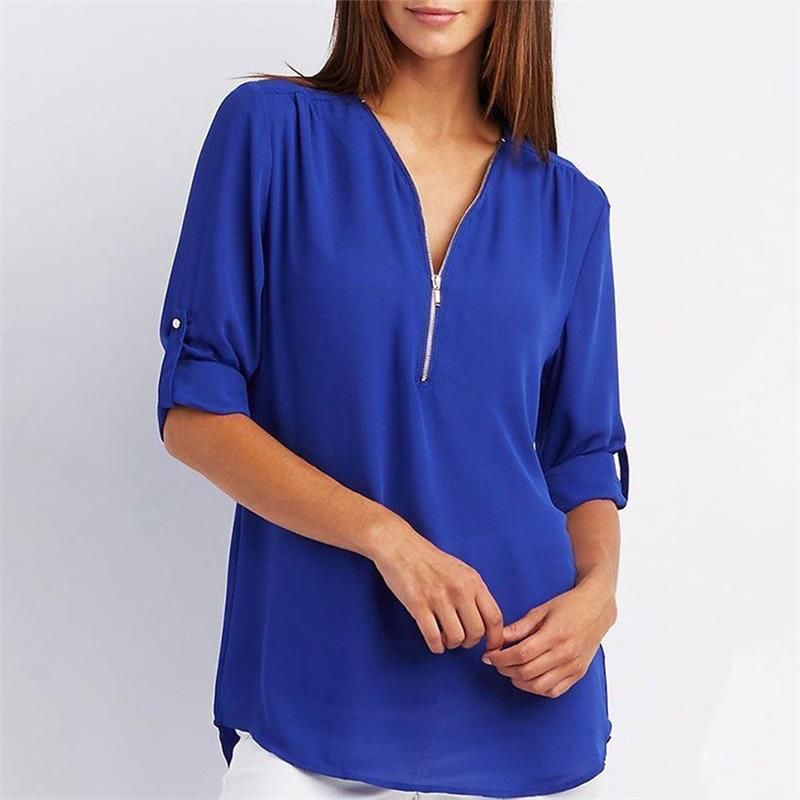 Women's casual zippered V-neck shirt mysite