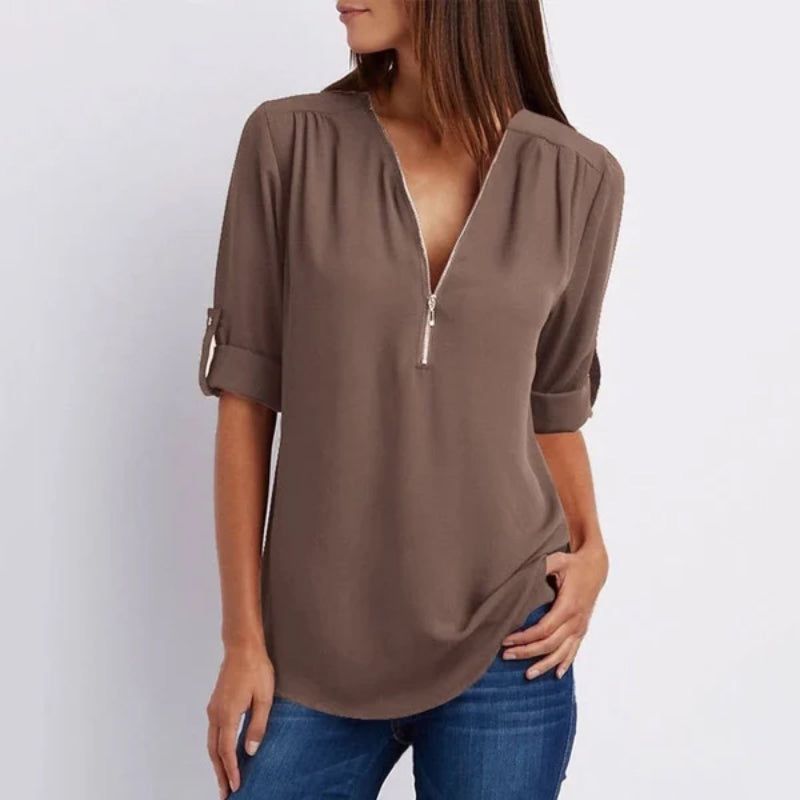 Women's casual zippered V-neck shirt mysite
