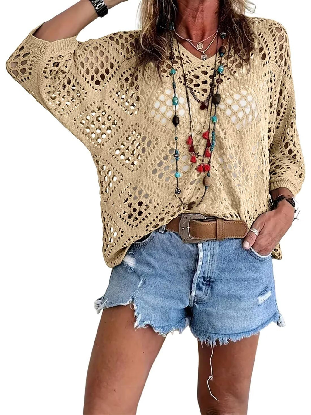 🥰Summer Sale💛Womens Bohemian-Inspired Beige Crochet Top With V-Neck mysite
