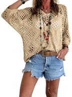 🥰Summer Sale💛Womens Bohemian-Inspired Beige Crochet Top With V-Neck mysite