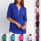 Women's V-neck Zipper Plus Size Long-sleeved Chiffon Shirt mysite