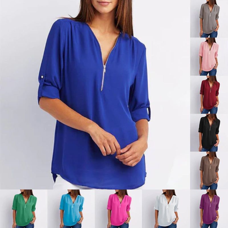 Women's V-neck Zipper Plus Size Long-sleeved Chiffon Shirt mysite