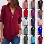 Women's V-neck Zipper Plus Size Long-sleeved Chiffon Shirt mysite