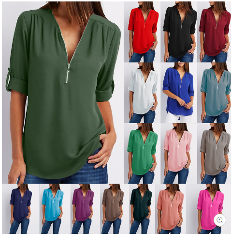 Women's V-neck Zipper Plus Size Long-sleeved Chiffon Shirt mysite