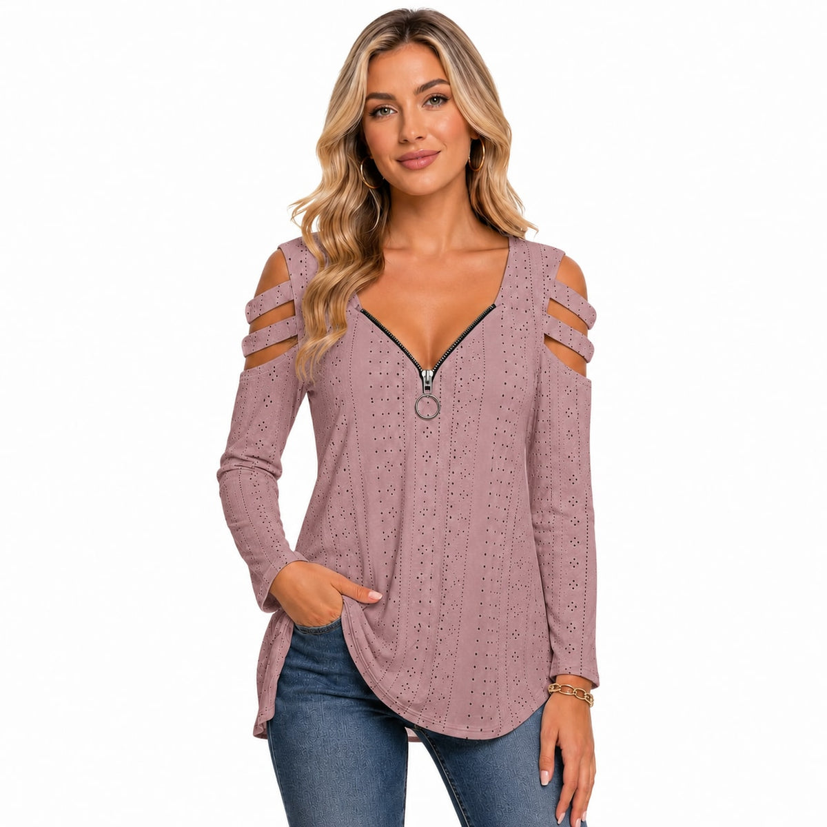 Women's Cold Shoulder Zipper T-Shirt Marlovene