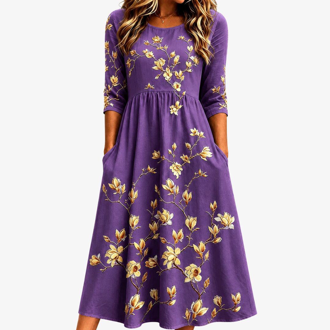 Golden Magnolia Charm Pocket Midi Dress mysite