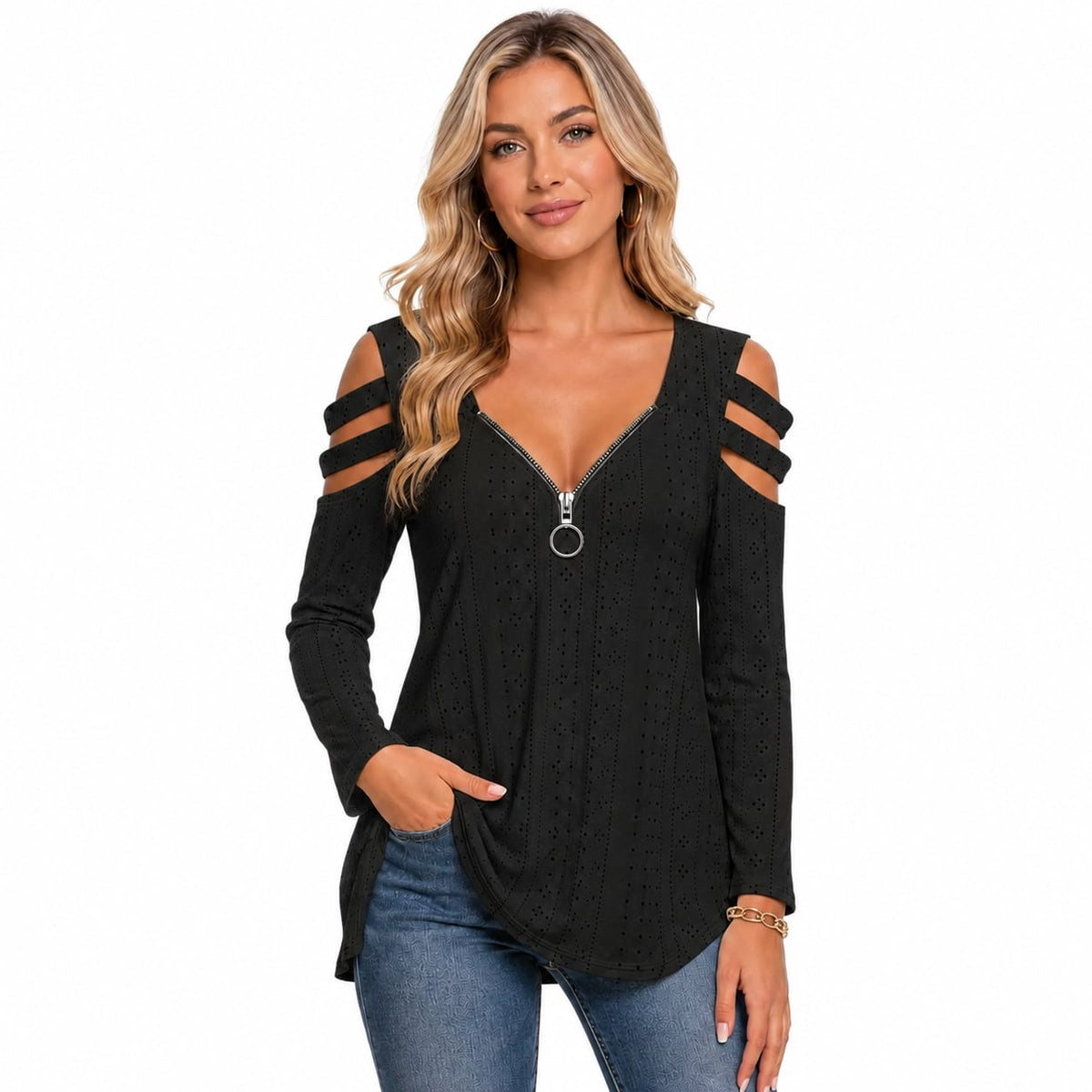 Women's Cold Shoulder Zipper T-Shirt Marlovene