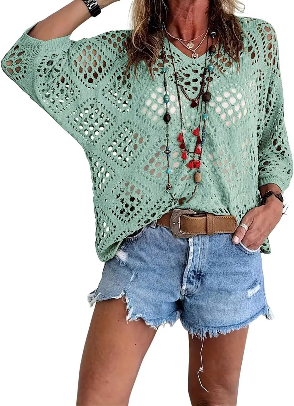 🥰Summer Sale💛Womens Bohemian-Inspired Beige Crochet Top With V-Neck mysite