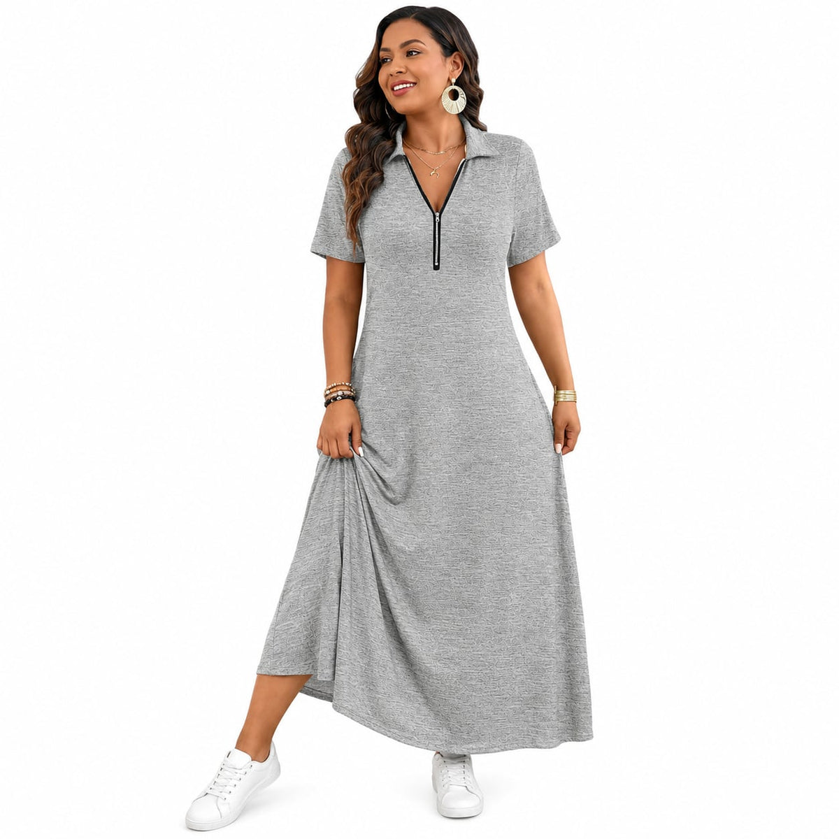 Women's Casual Solid Color Zipper Maxi Dress Marlovene