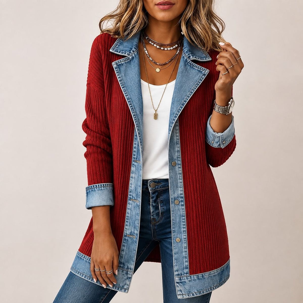 Women’s Denim Patchwork Ribbed Knit Jacket Marlovene