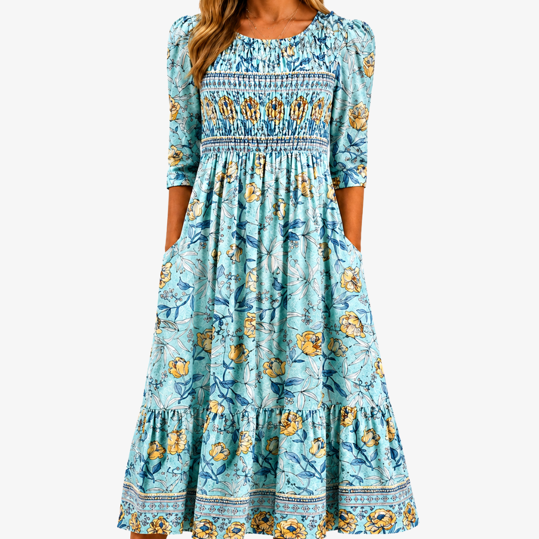 Golden Bloom Smocked Garden Midi Dress mysite