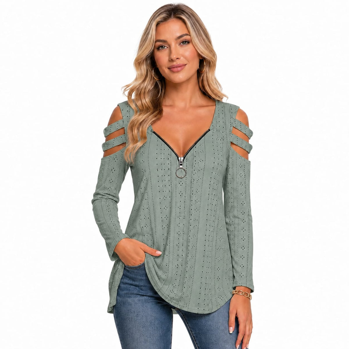 Women's Cold Shoulder Zipper T-Shirt Marlovene