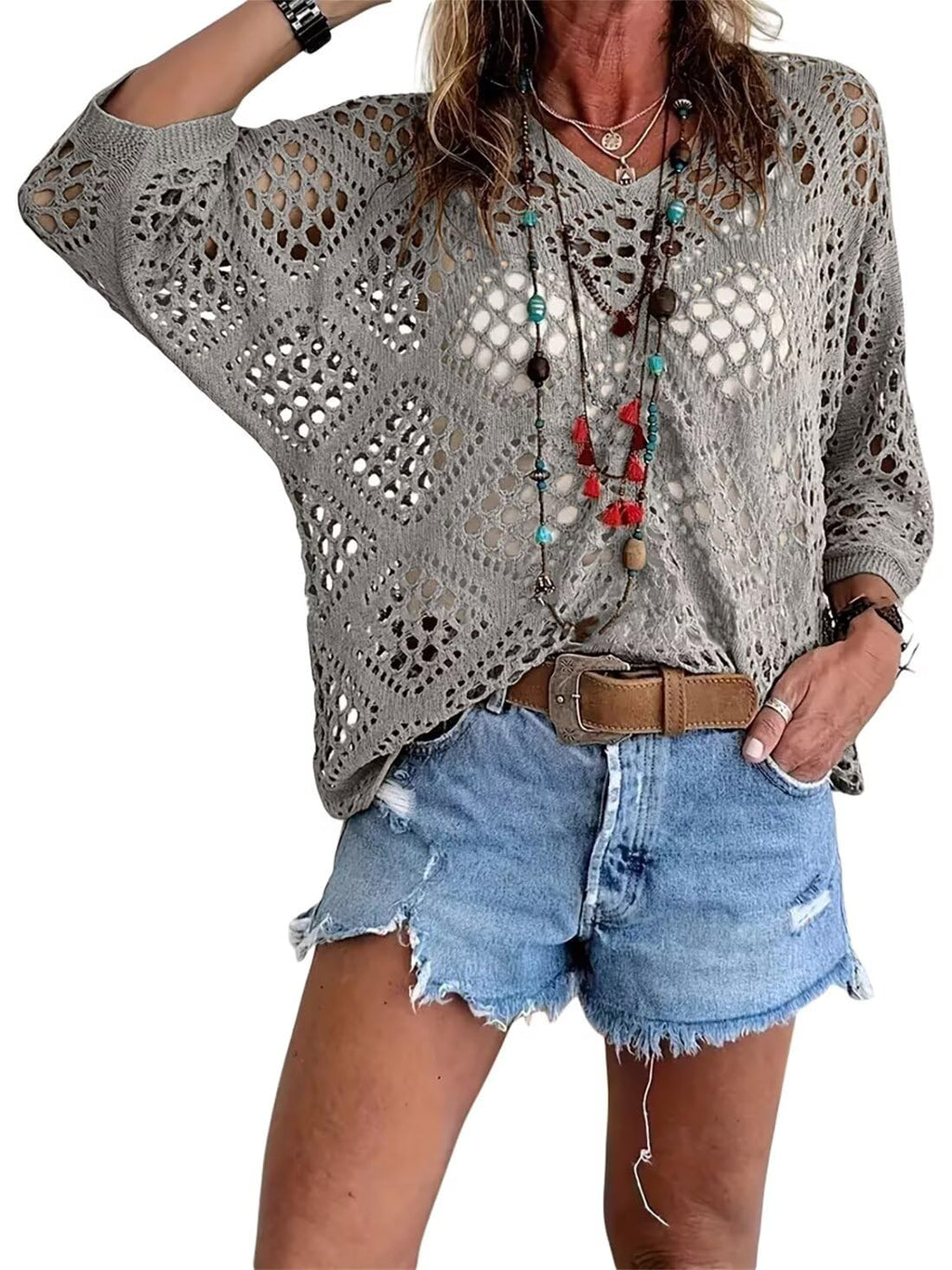 🥰Summer Sale💛Womens Bohemian-Inspired Beige Crochet Top With V-Neck mysite