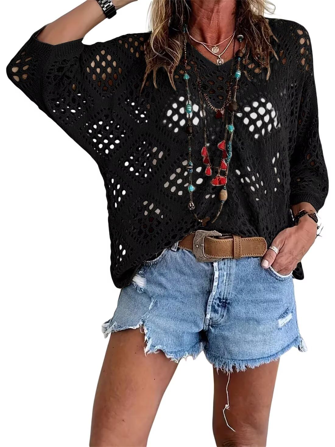 🥰Summer Sale💛Womens Bohemian-Inspired Beige Crochet Top With V-Neck mysite