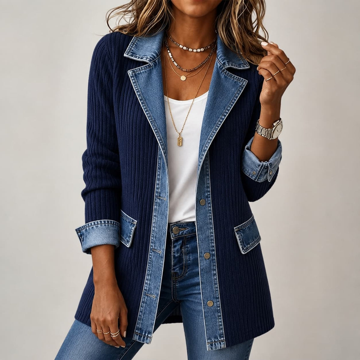 Women’s Denim Patchwork Ribbed Knit Jacket Marlovene