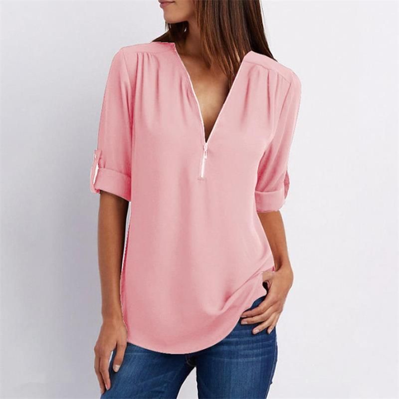 Women's casual zippered V-neck shirt mysite