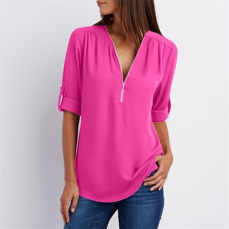 Women's casual zippered V-neck shirt mysite