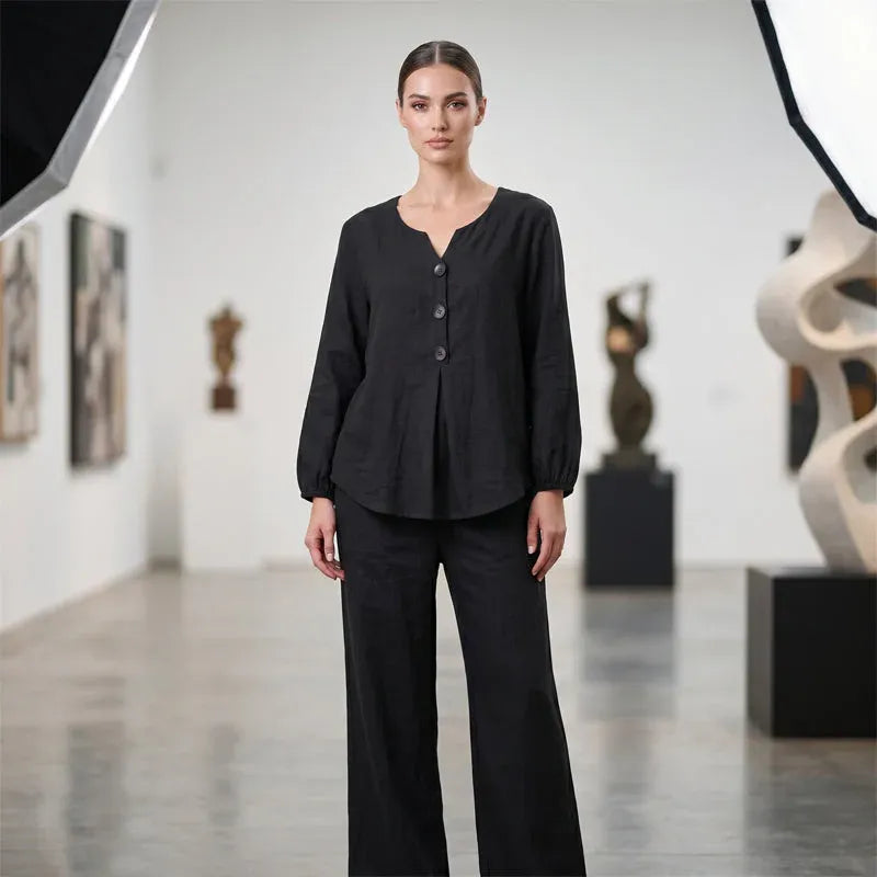🌿Women's Cotton-Linen V-Neck Long Sleeve Top & Pants Set mysite