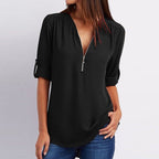 Women's casual zippered V-neck shirt mysite