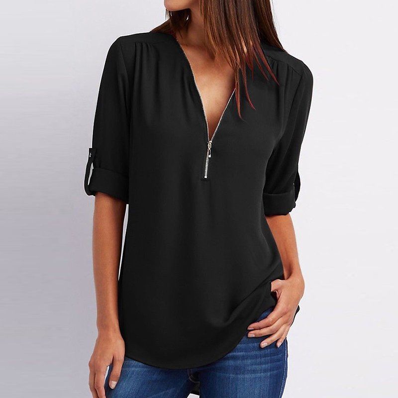 Women's casual zippered V-neck shirt mysite