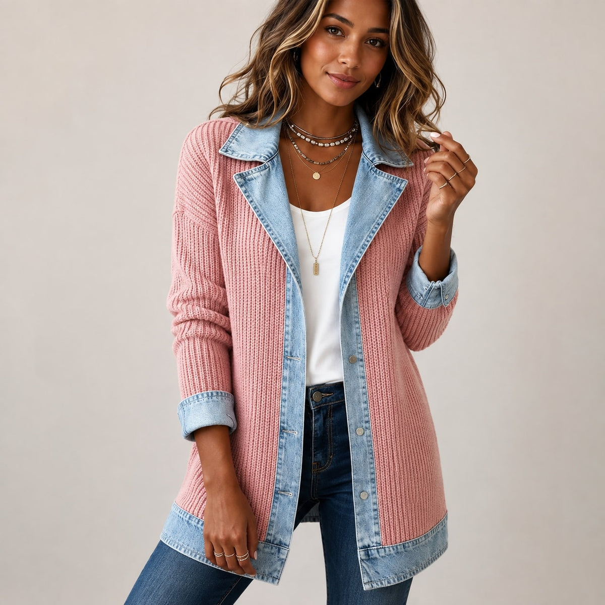 Women’s Denim Patchwork Ribbed Knit Jacket Marlovene