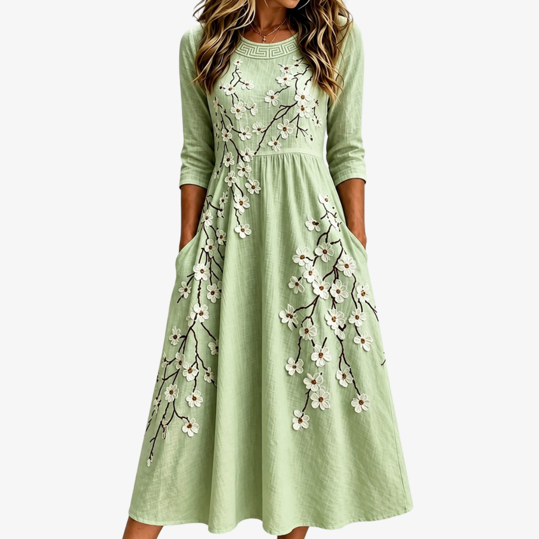 Sage Blossom Garden Pocket Midi Dress mysite