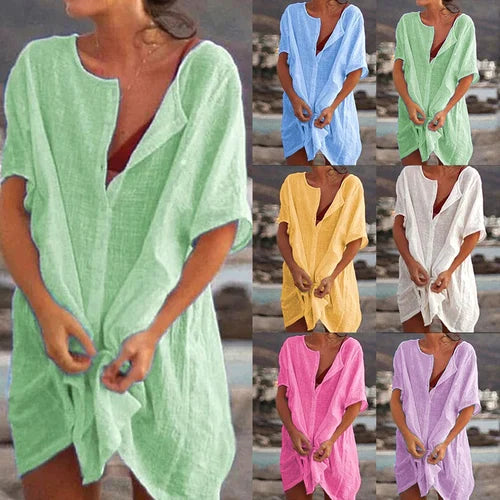 Women's Cotton and Linen Plain Loose Long Shirt mysite