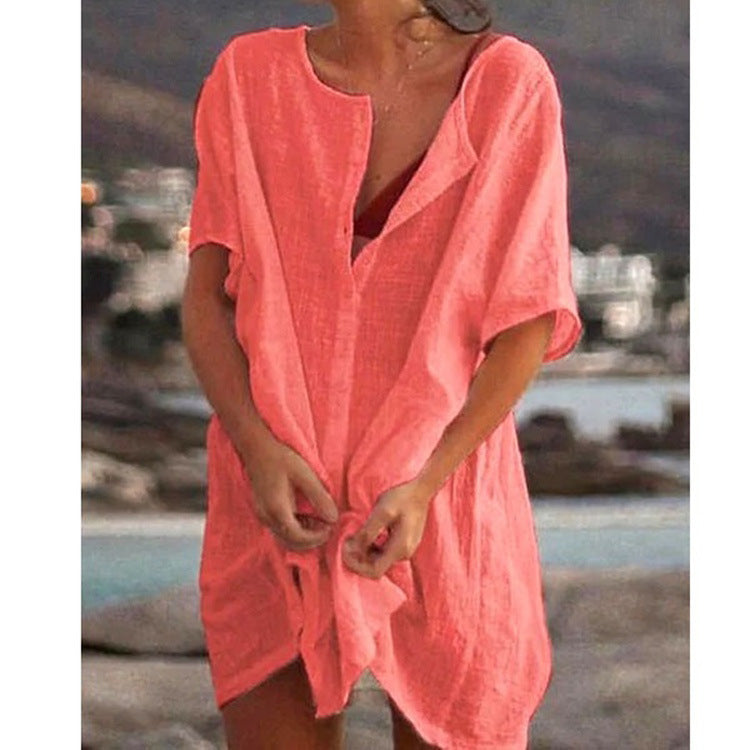 Women's Cotton and Linen Plain Loose Long Shirt mysite