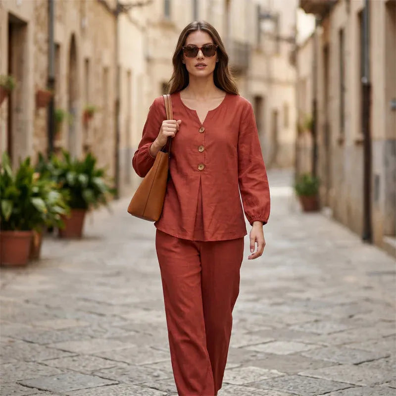 🌿Women's Cotton-Linen V-Neck Long Sleeve Top & Pants Set mysite