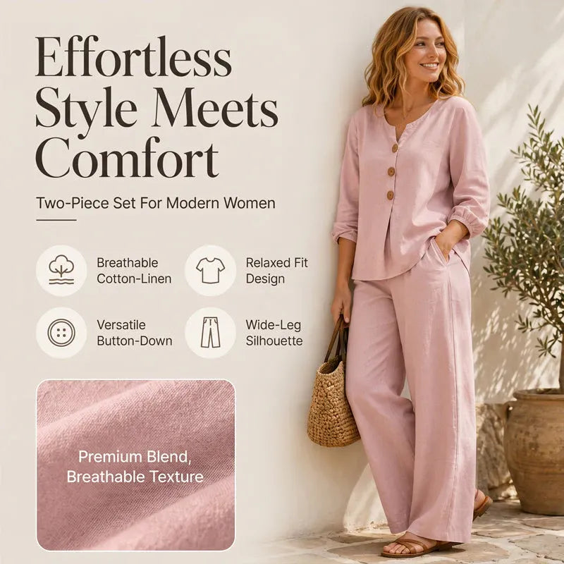 🌿Women's Cotton-Linen V-Neck Long Sleeve Top & Pants Set mysite