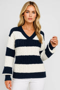 MIRELLE | V-NECK CABLE-KNIT STRIPED SWEATER mysite