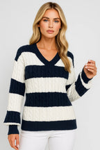 MIRELLE | V-NECK CABLE-KNIT STRIPED SWEATER mysite
