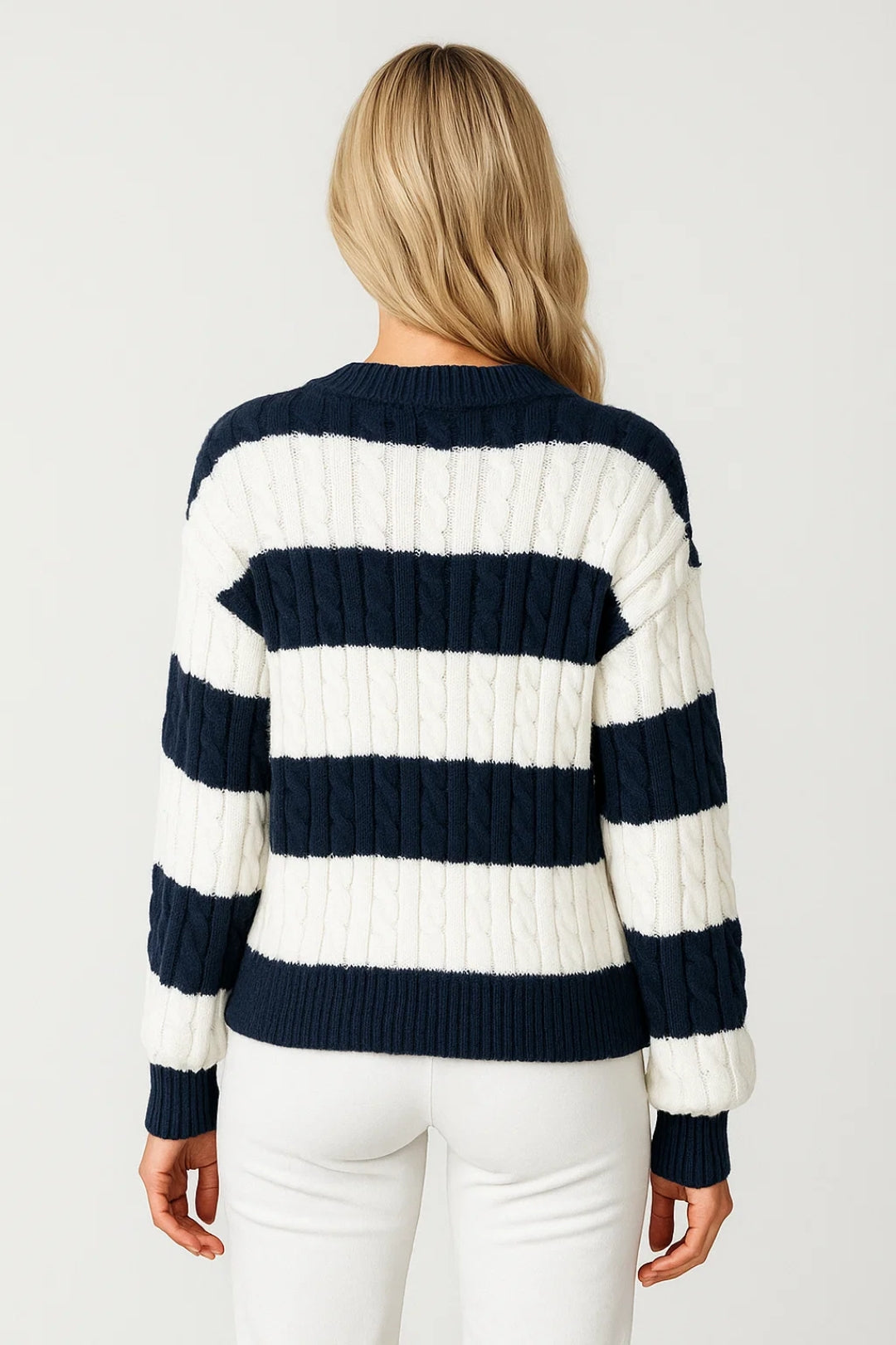 MIRELLE | V-NECK CABLE-KNIT STRIPED SWEATER mysite