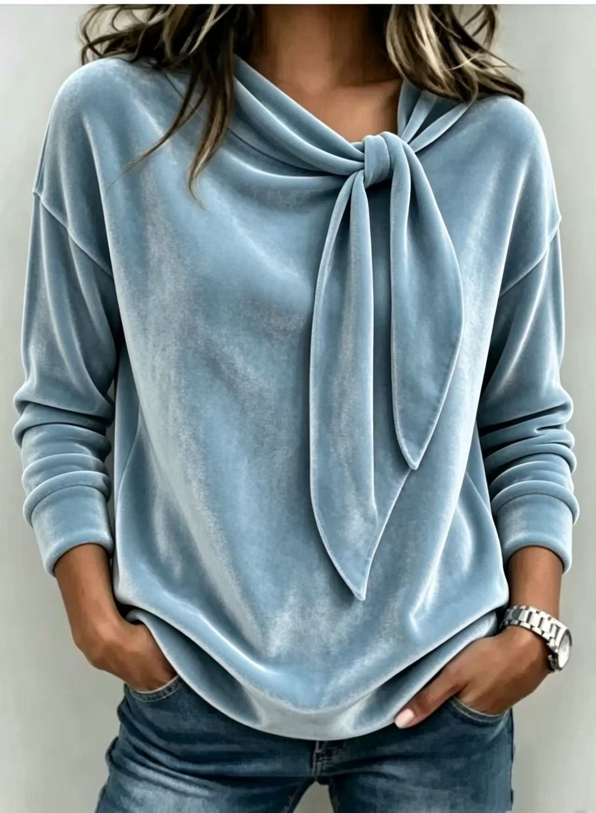 Fall Women Velvet Bow Tie Neck Long Sleeve Top mysite
