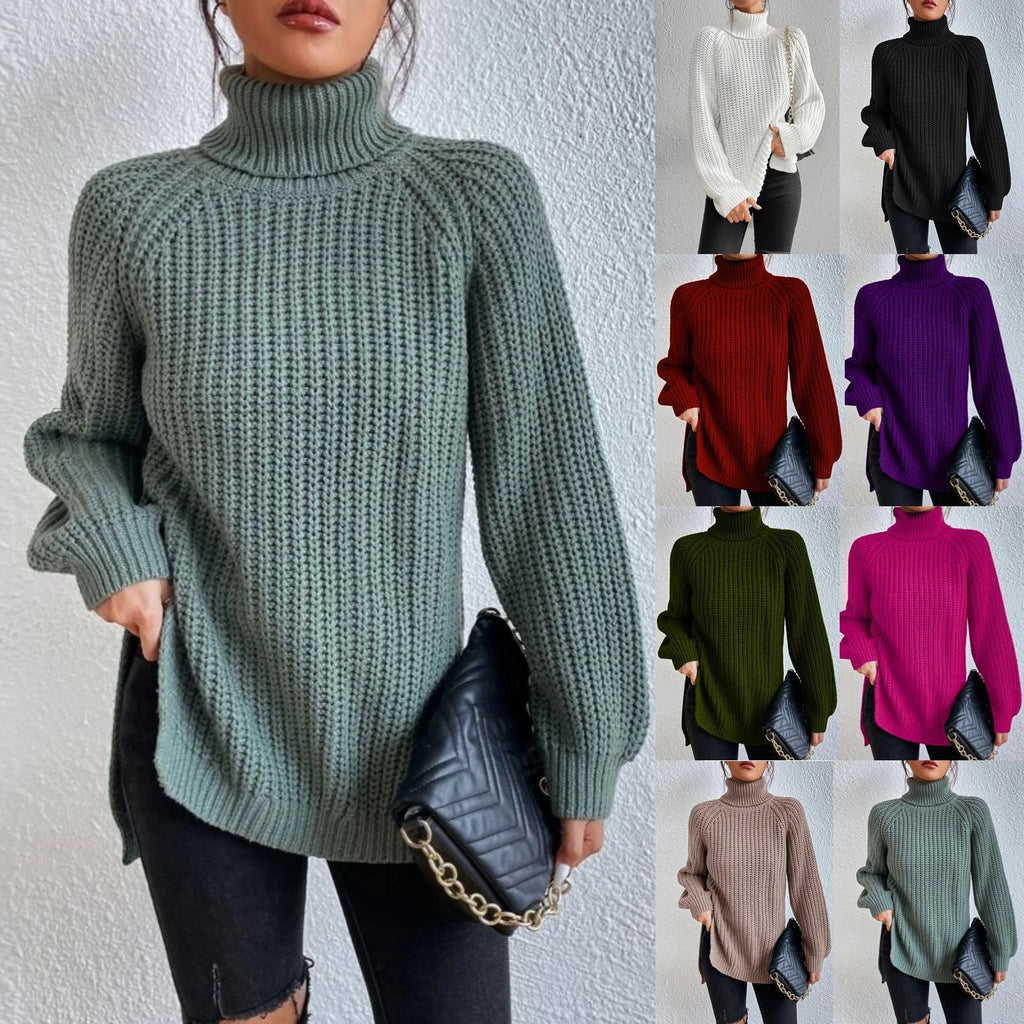 Cotton Turtleneck Raglan Sleeve Split Hem Sweater mysite